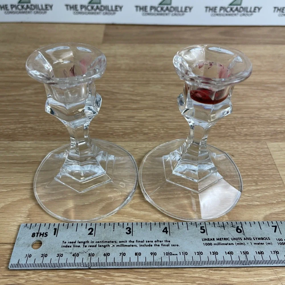Vintage Clear Glass Taper Candle Holders Set of 2 Faceted Hexagonal Stem 4.25in